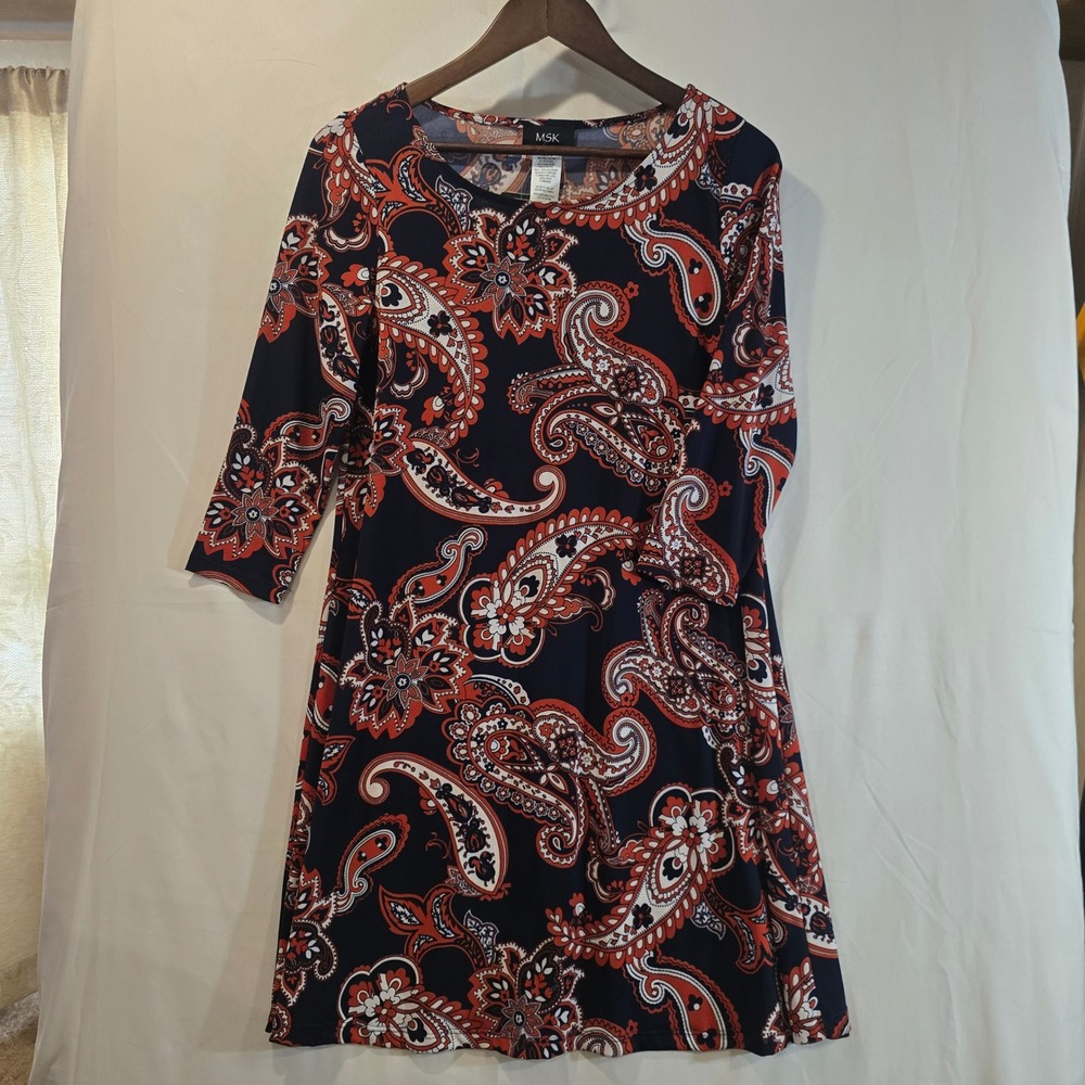 MSK Women's Navy Rust Paisley Print‎ 3/4 Sleeve Tunic Dress Size Medium